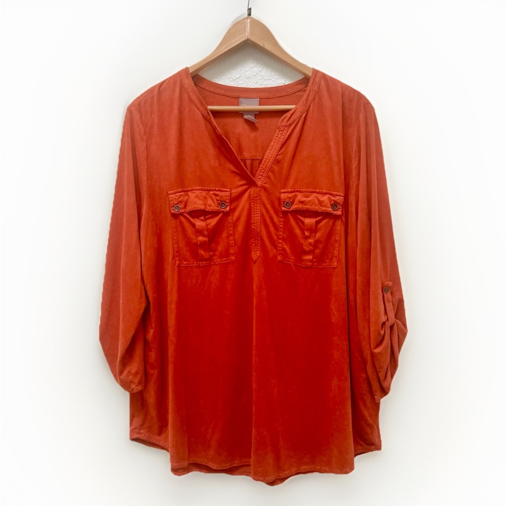 Chico's Orange Tunic Top Blouse 3/4 Sleeve Button Tab Pockets
